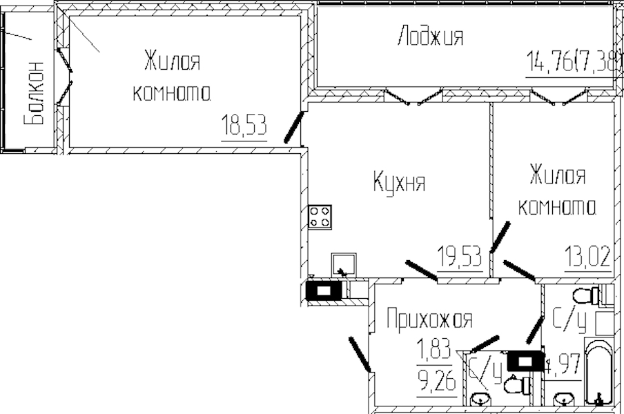 2-комнатная квартира 75.72 м², 3/8 эт., ЖК «SERTOLOVO PARK»